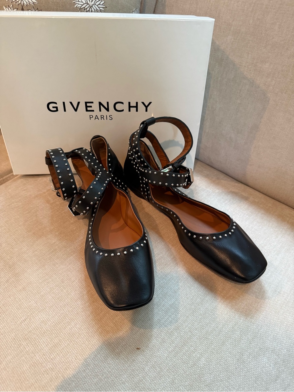 Givenchy Black Studded Leather Strappy Square-Toe Flats
